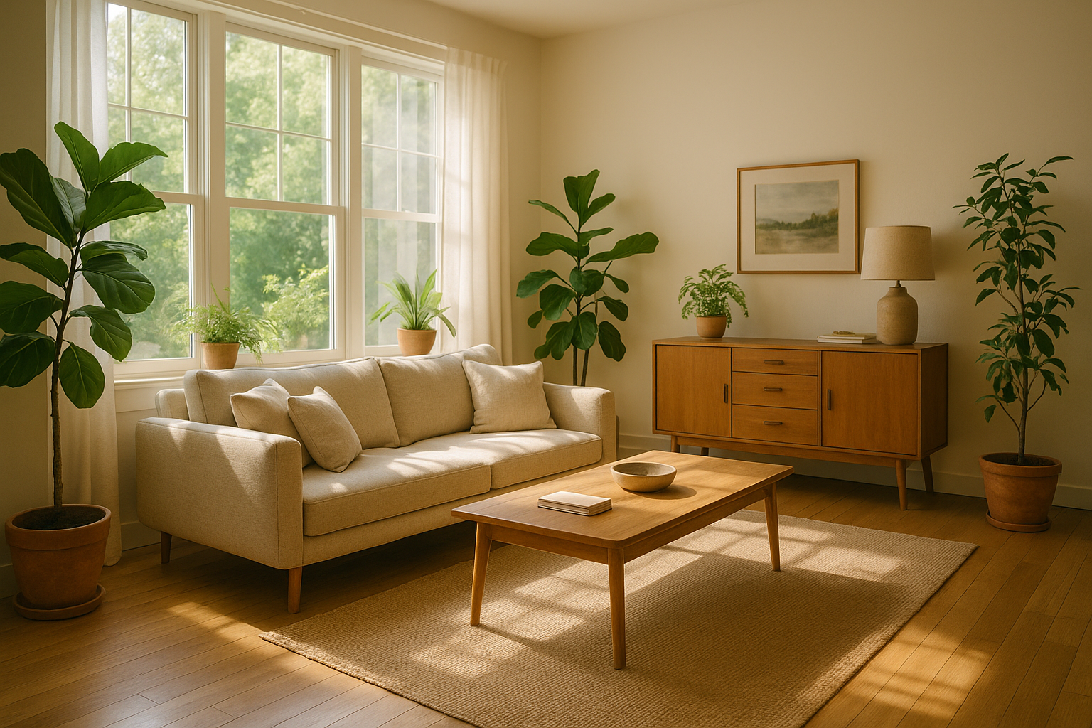 Cozy living room with natural sunlight, green plants, wooden furniture, and a beige linen sofa in a minimalist, earthy style.