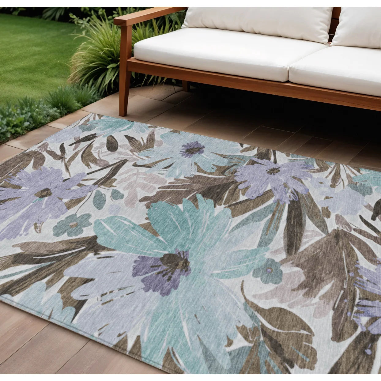 HMS 3' X 5' Black and Gray Floral Indoor Outdoor Area Rug Washable Carpet for Indoors and Outdoors