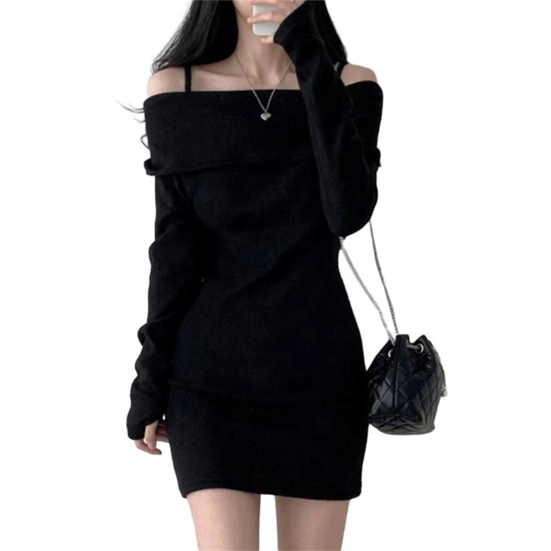 Black Knitted Mini Dress off Shoulder Long Sleeve Dresses Show off Your Collarbone