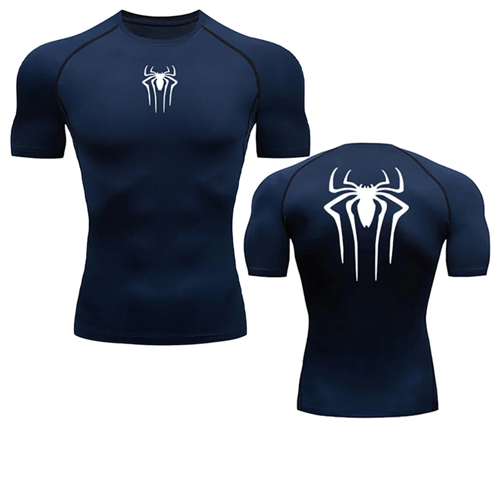Summer Men's Fitness Quick Dry T Shirts Spider Print Athletic Compression Shirts Breathable Casual Short Sleeve Tight Tees Y2K