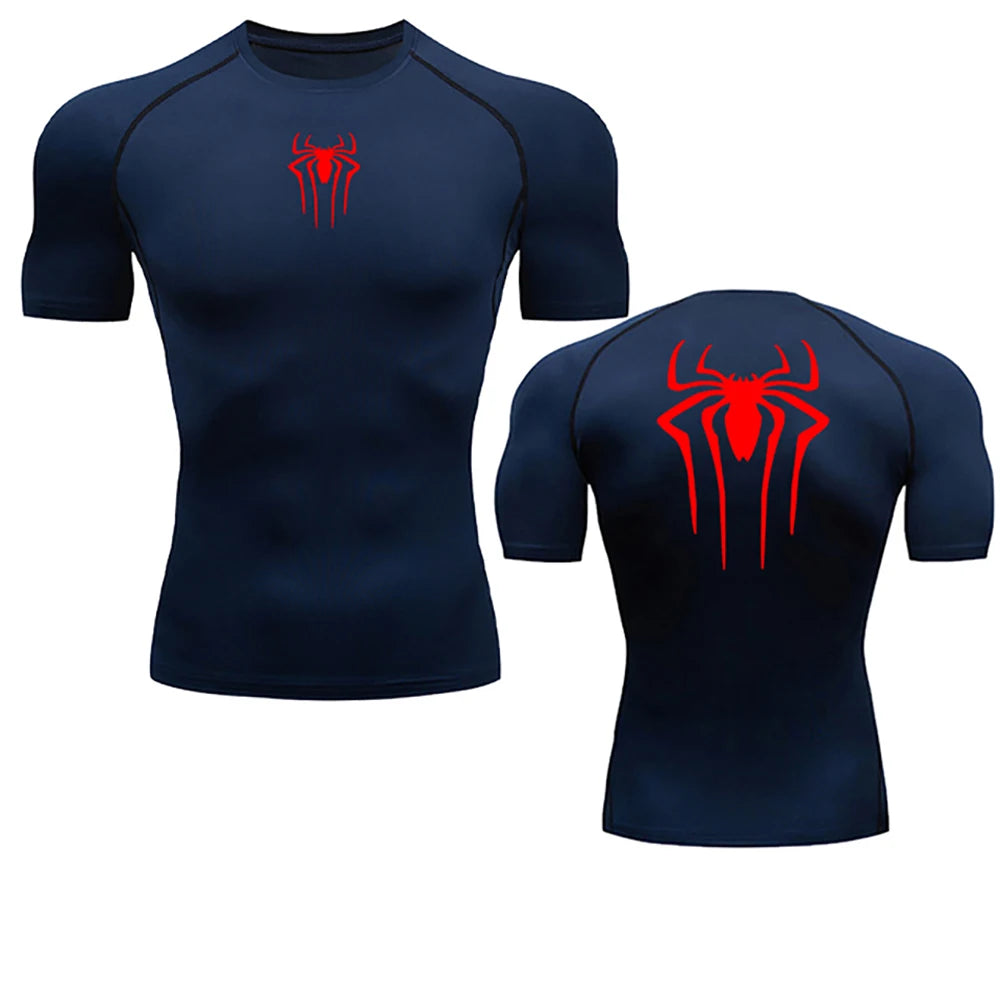 Summer Men's Fitness Quick Dry T Shirts Spider Print Athletic Compression Shirts Breathable Casual Short Sleeve Tight Tees Y2K