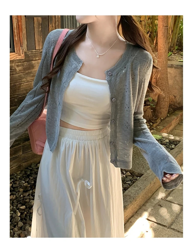 Grey Knitted Cardigan Thin Tops Women Summer Hollow Out Long Sleeve Button Sun Protected Korean Style Short Knitwear Tops Female