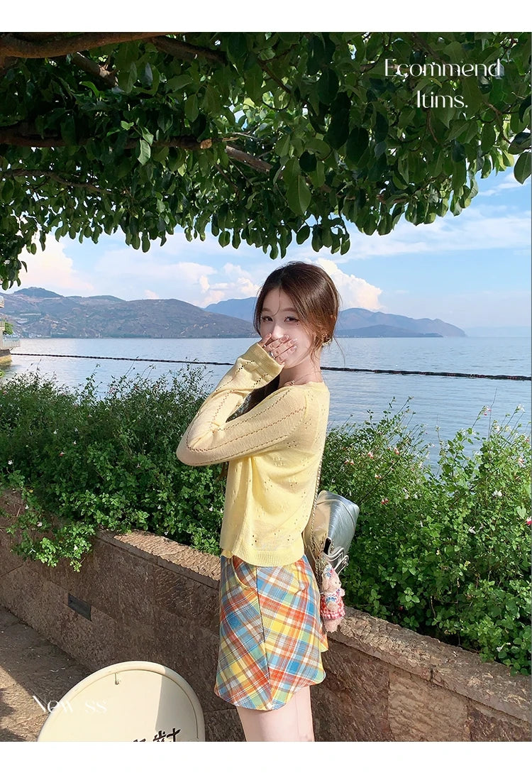 Grey Knitted Cardigan Thin Tops Women Summer Hollow Out Long Sleeve Button Sun Protected Korean Style Short Knitwear Tops Female