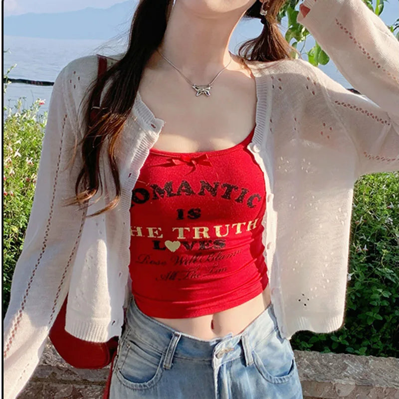 Grey Knitted Cardigan Thin Tops Women Summer Hollow Out Long Sleeve Button Sun Protected Korean Style Short Knitwear Tops Female