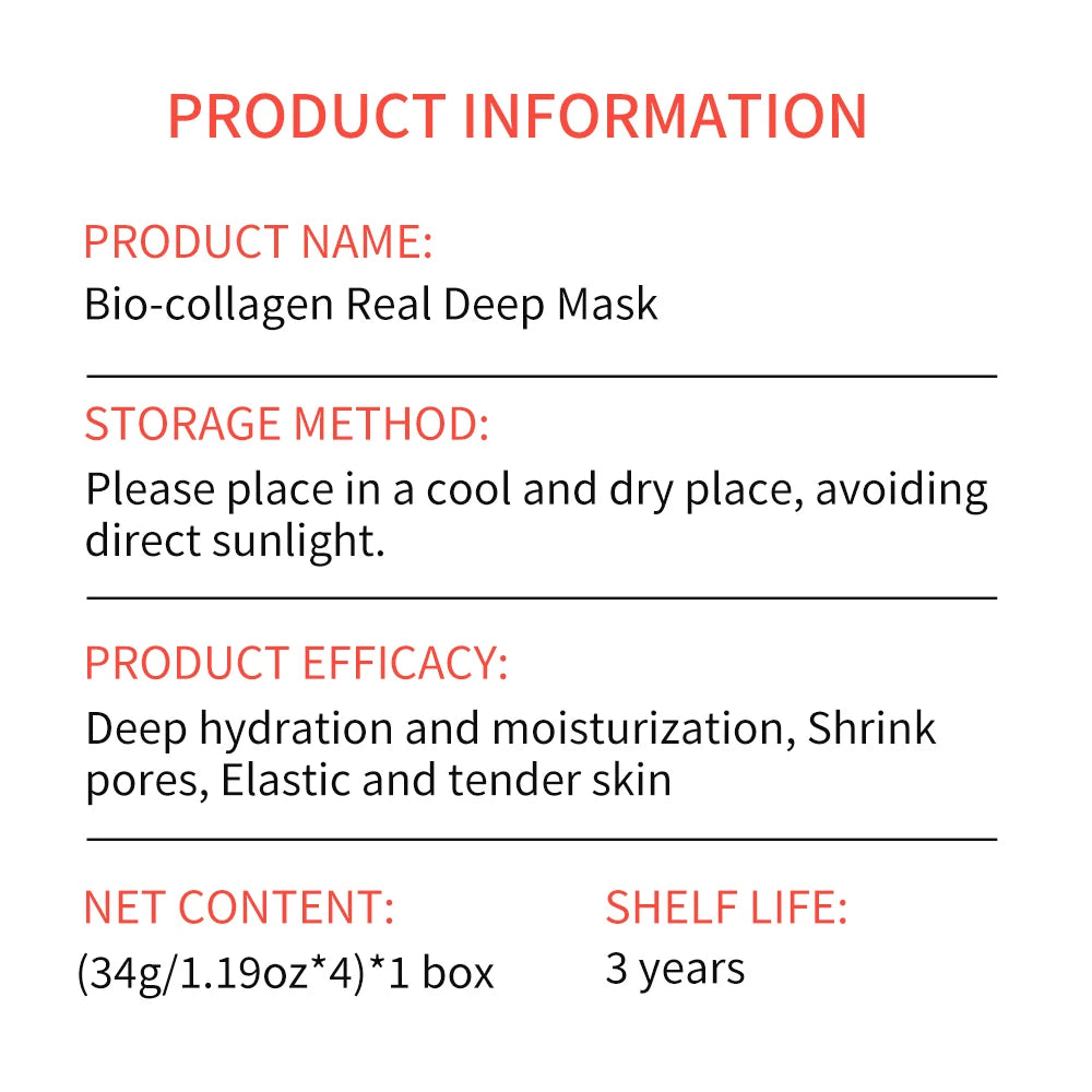 Hllozzi 34g*4 Bio-Collagen Sheet Mask w/Hyaluronic Acid & Vitamin C Hyaluronic Acid Hydrating Sleeping Mask