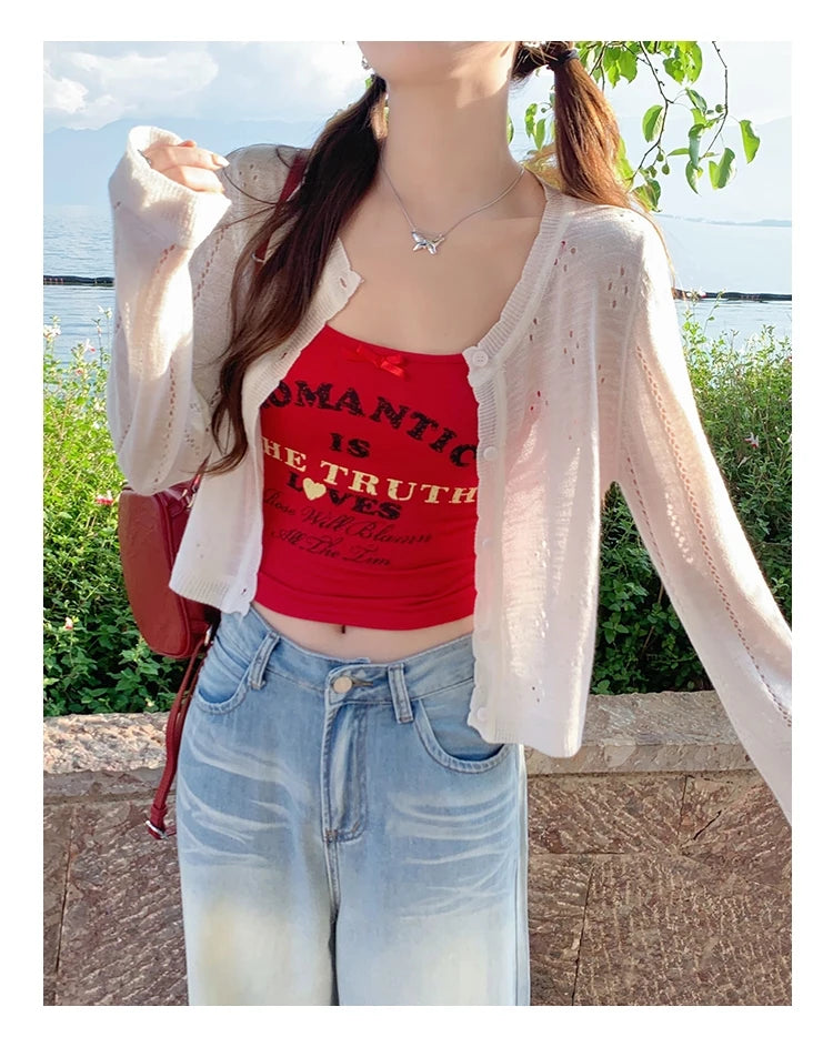 Grey Knitted Cardigan Thin Tops Women Summer Hollow Out Long Sleeve Button Sun Protected Korean Style Short Knitwear Tops Female
