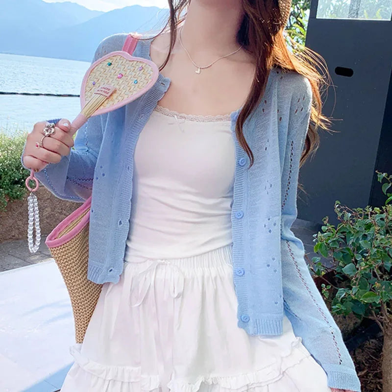 Grey Knitted Cardigan Thin Tops Women Summer Hollow Out Long Sleeve Button Sun Protected Korean Style Short Knitwear Tops Female