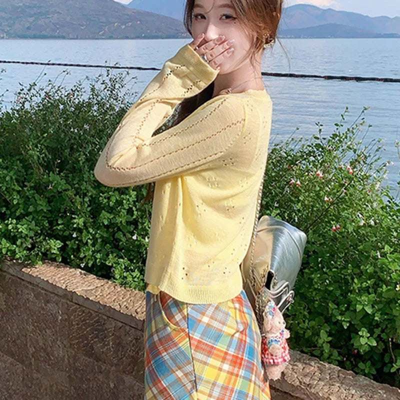 Grey Knitted Cardigan Thin Tops Women Summer Hollow Out Long Sleeve Button Sun Protected Korean Style Short Knitwear Tops Female
