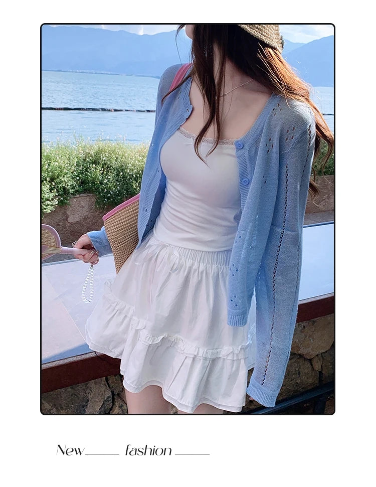 Grey Knitted Cardigan Thin Tops Women Summer Hollow Out Long Sleeve Button Sun Protected Korean Style Short Knitwear Tops Female