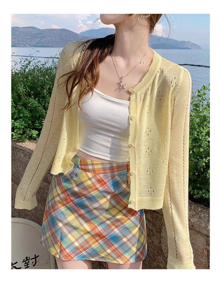 Grey Knitted Cardigan Thin Tops Women Summer Hollow Out Long Sleeve Button Sun Protected Korean Style Short Knitwear Tops Female